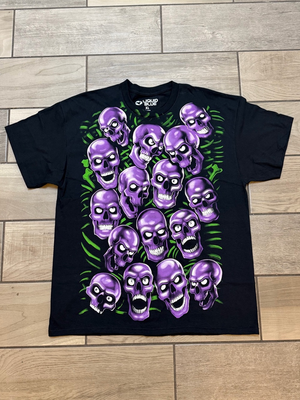 Liquid Blue Purple Skulls All Over Print Black Graphic Tee